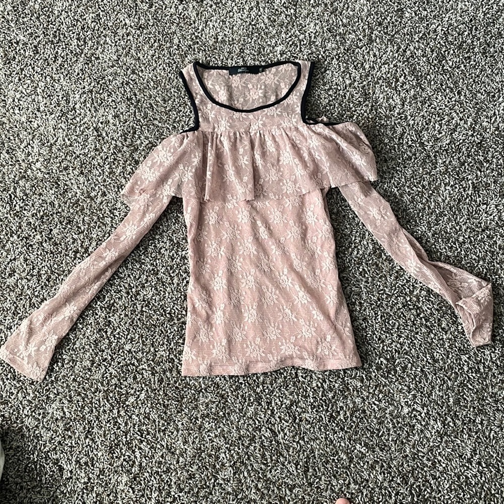 Blush, lace long sleeve and open shoulder shirt